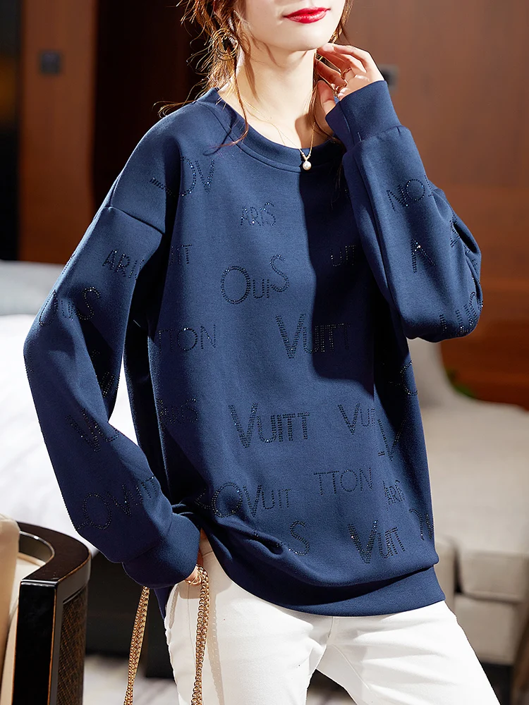 Plus Size Hoodies Letter Diamond Decoration Top O-neck Loose Harajuku Sweatshirt Spring Autumn Purple Dark Blue Female Pullover
