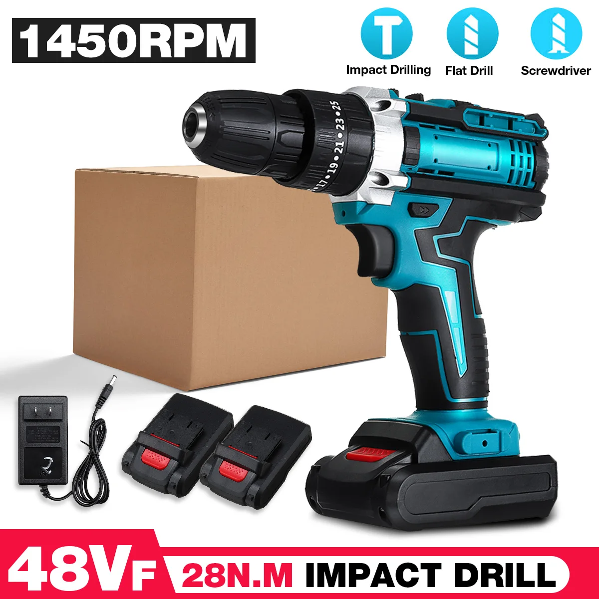 

48V Cordless Impact Drill Electric Screwdriver Hammer Drill 25+3 Turque Power Screw Driver Tools with 2 Li-ion Battery