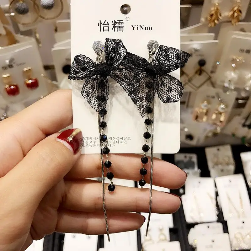 Корейские новые индивидуальные длинные серьги с кружевными бантами и кисточками