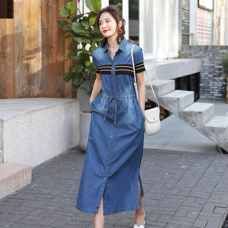 #2725 Лето 2021 однотонное серое темно синее платье Денин рубашка платья для женщин с