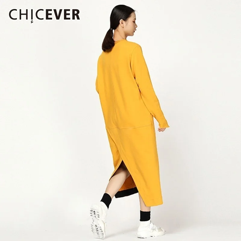 

CHICEVER Autumn Female Dresses For Women O Neck Long Sleeve Irregular Hem Split Long Dress Fashion Casual Clothes New