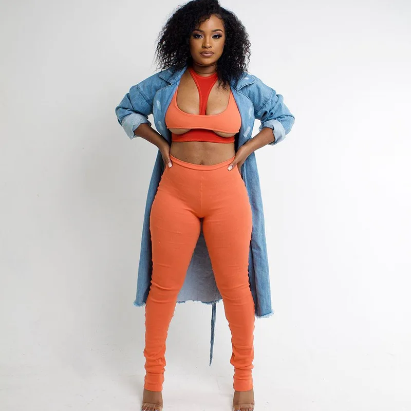 

Criss-Cross 3 Piece Set Women Sexy Hollow Out Cleavage Tank + Tops + Solid Skinny Stretchy Waist Pants Streetwear Sports Outfits