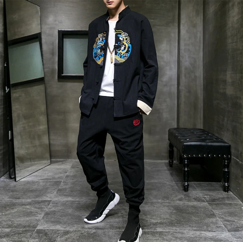 

MrGB Dragon Graphic Cotton Linen Chinese Style Men's Sets Oversize Vintage Male Tang Suit Casual Fashion Branded Men's Clothing