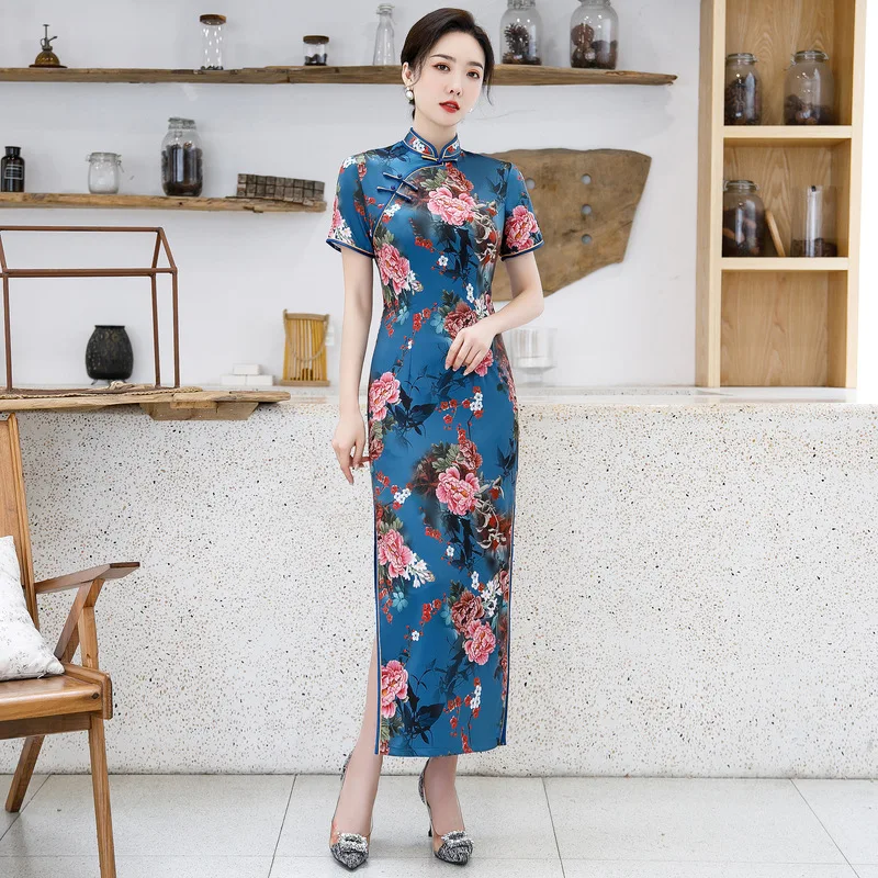

Горячая Распродажа атлас Cheongsam Традиционный китайский высокое качество китайских Дамский Qipao тонкий короткий рукав новинка длинное платье