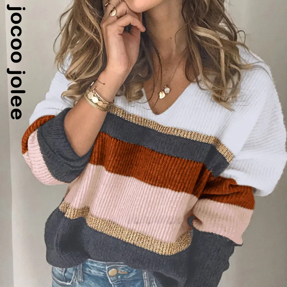 

Женский полосатый свитер, пуловер, женский модный джемпер с V-образным вырезом, сексуальный Повседневный Вязаный топ на весну и осень, однот...