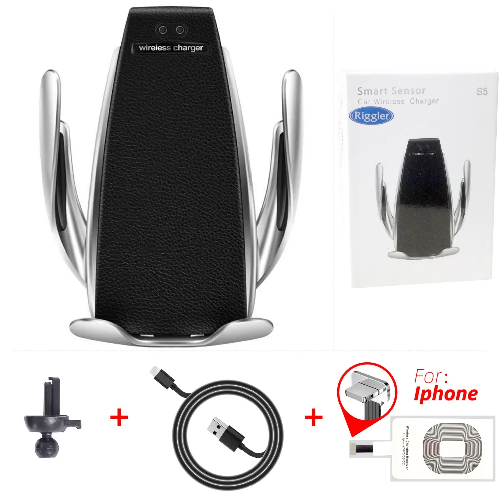 Black for iphone Умный датчик S5 автомобильное крепление авто зажим Беспроводное зарядное устройство для iPhone XS XR samsung Note9 S10 S9 Qi 10 Вт быстрое зарядное устройство - Тип штекера: Black for iphone