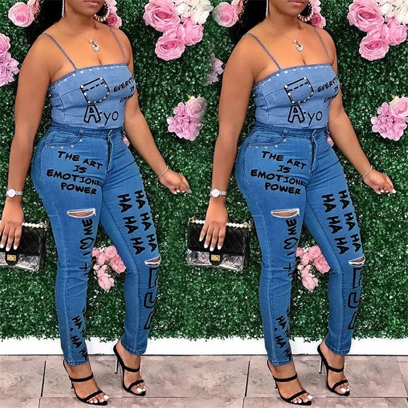 

2020 Fashion Women jeans skinny graffiti letter print jeans women blue Hole print Pencil Pants denim trousers S-3XL Streetwear