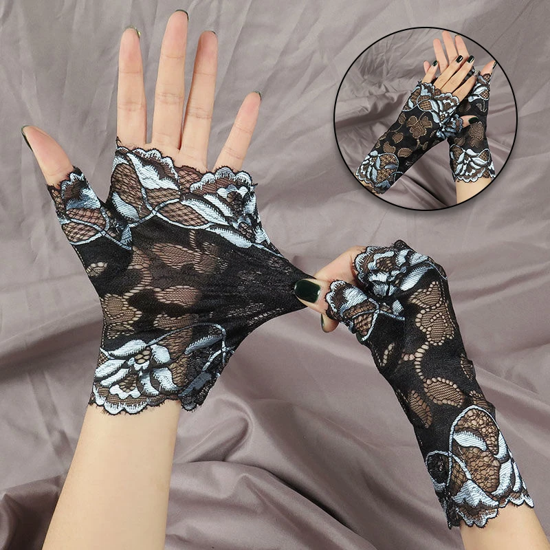 

Sexy Lace Jacquard Short Thin UV Half Finger Arm Sleeve Summer Female Sunscreen Touch Screen Elastic Cycling Driving Gloves