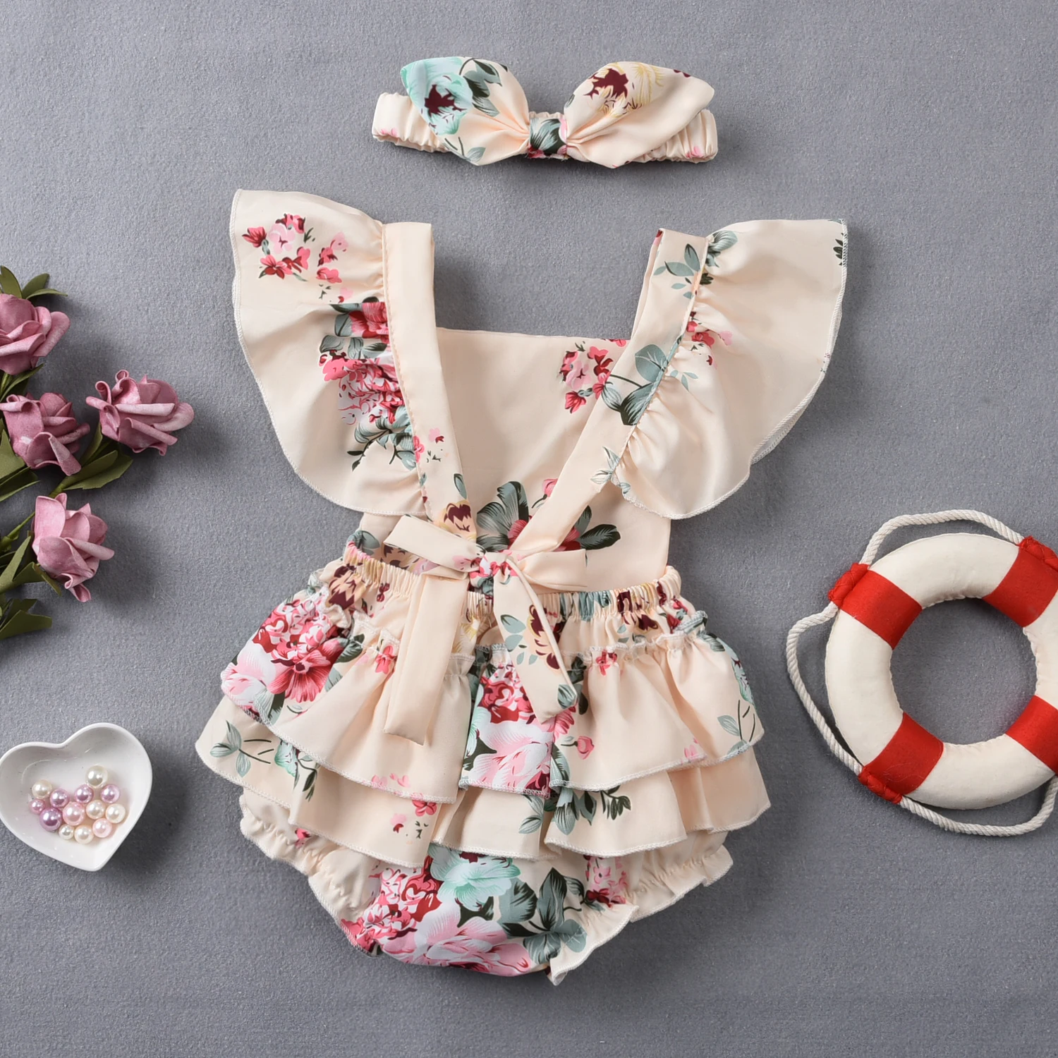 

2Pcs Newborn Baby Girls Floral Print Rompers Headband Fly Sleeve Summer Infant Toddler Rompers Jumpsuits Baby Clothing 0-12M