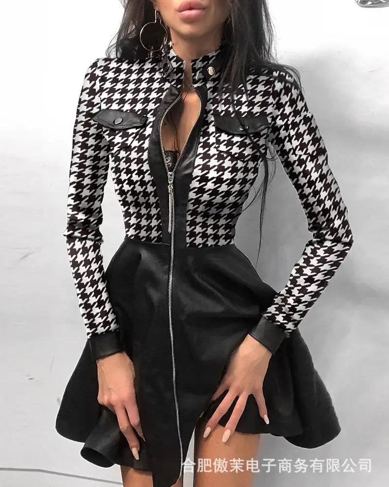 

New women's printed long-sleeved waist dress