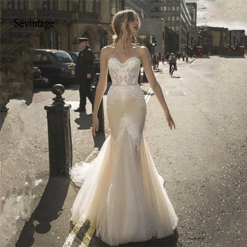 

Sevintage 2020 Boho Mermaid Wedding Dresses Lace Appliqued Beaded Sash Bridal Gown with Train Vestidos De Novia