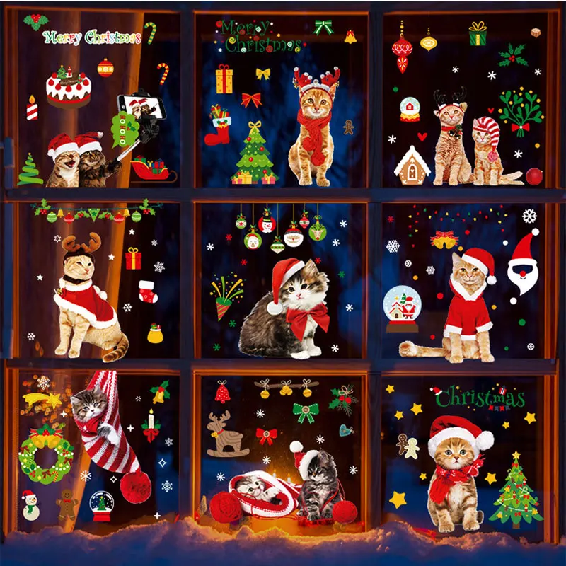 9Stick Merry Christmas Window PVC Stickers Christmas Decorations 20x30cm For Home Wall Glass Stickers New Year Home Decals Decor