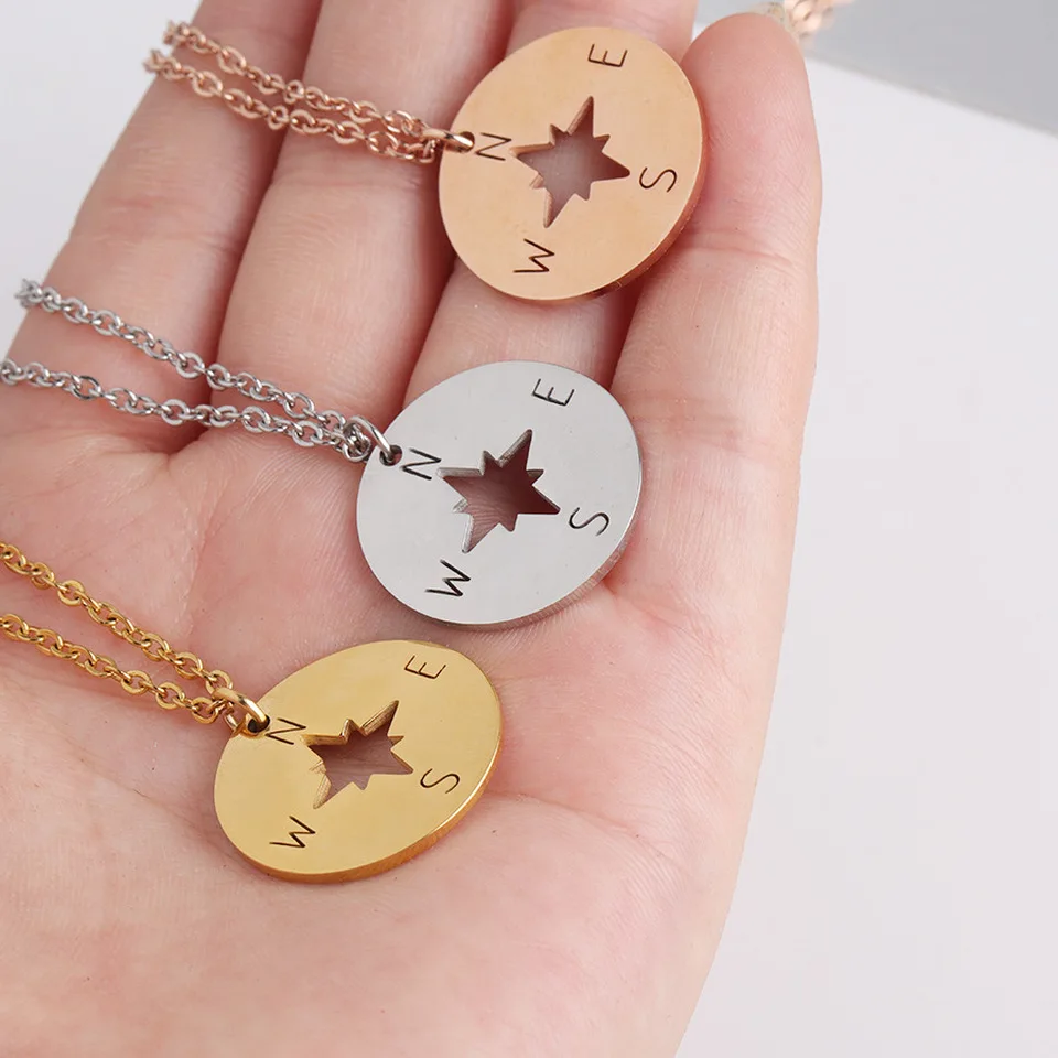 Classic Compass Stainless Steel Necklace for Women Lover's Gold and Silver Color Tiny Round Pendant necklace Jewelry | Украшения и