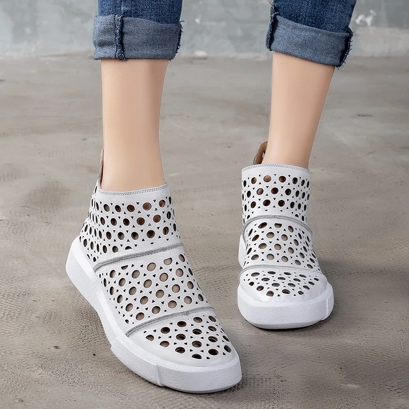 Женские кожаные ботинки Черная повседневная обувь для женщин летние ботильоны