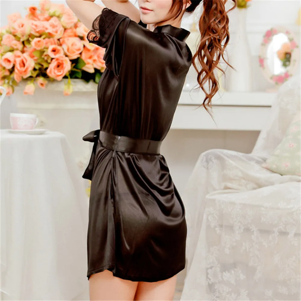 Sexy Lingerie Plus Size Satin Lace Black Kimono Intimate Sleepwear Robe Sexy Night Gown Women Erotic Underwear