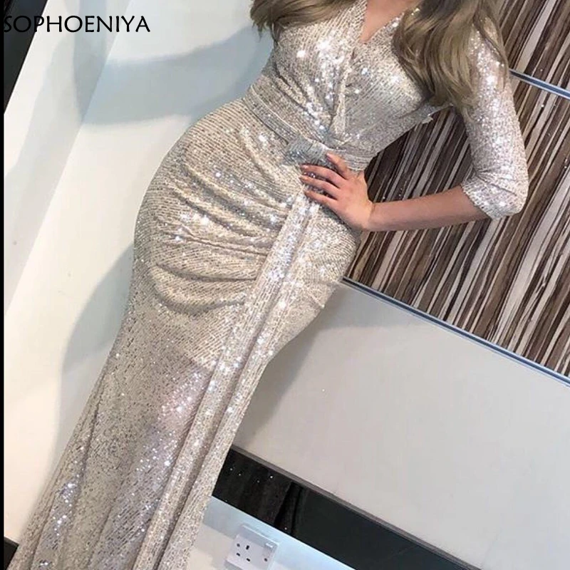 Женское вечернее платье с блестками кружевное рукавом до локтя в арабском стиле