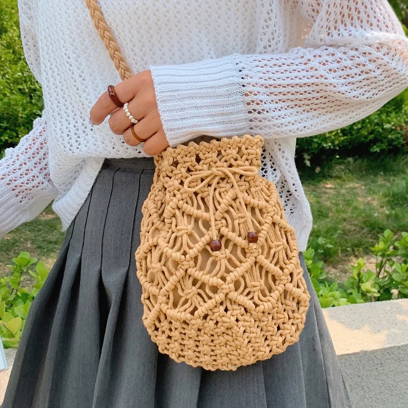 

Summer Small Bag Mobile Phone Bag Female 2021 New Korean Beach Straw Bag Cotton Hemp Rope Woven One-shoulder Messenger Bucket