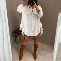 white shirts dresses for women single breasted turn down collar ruffles full sleeve loose fashion high street wear dress clothes