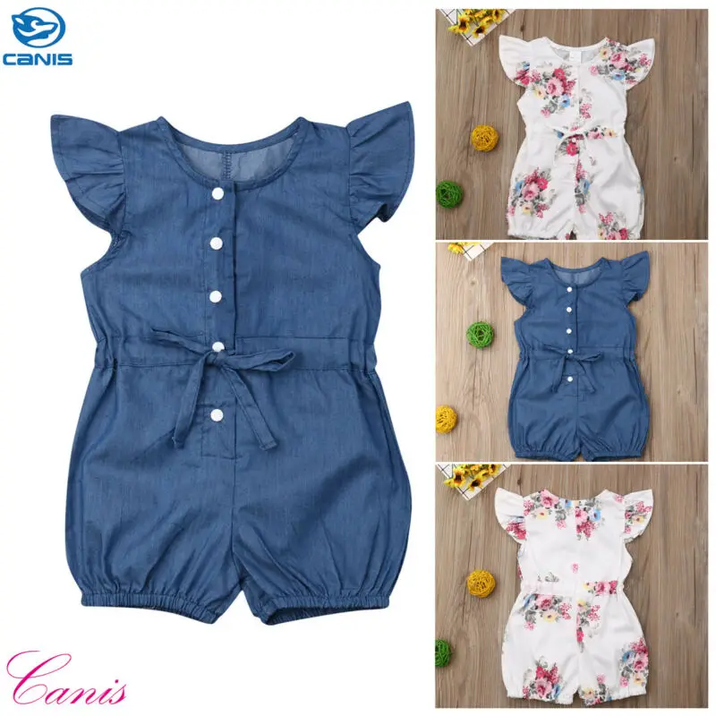 Летний детский цельный комбинезон для маленьких девочек джинсовый с цветочным