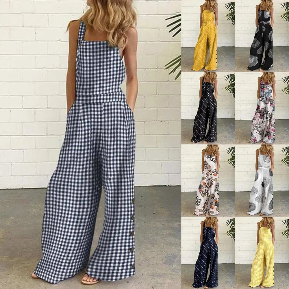 

Jumpsuit Women Sleeveless Overalls Jumpsuits Casual Plaid Print Summer Wide Leg Vintage female Bib Pants
