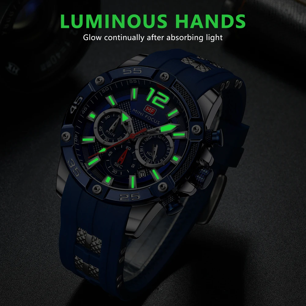 Мужские спортивные часы MINI FOCUS с хронографом и силиконовым ремешком кварцевые