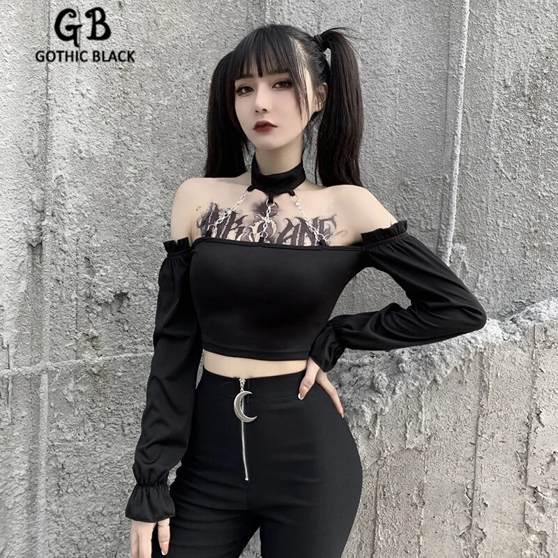 

Gothblack Slim Streetwear Halter Splice Long Sleeve Crop Top Women Gothic Off Shoulder Solid Color T shirt Female Casual Top