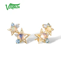 VISTOSO Pure 14K 585 Yellow Gold Earrings For Women Sparkling Opal Blue Moonstone Topaz Star Stud Earrings Trendy Fine Jewelry
