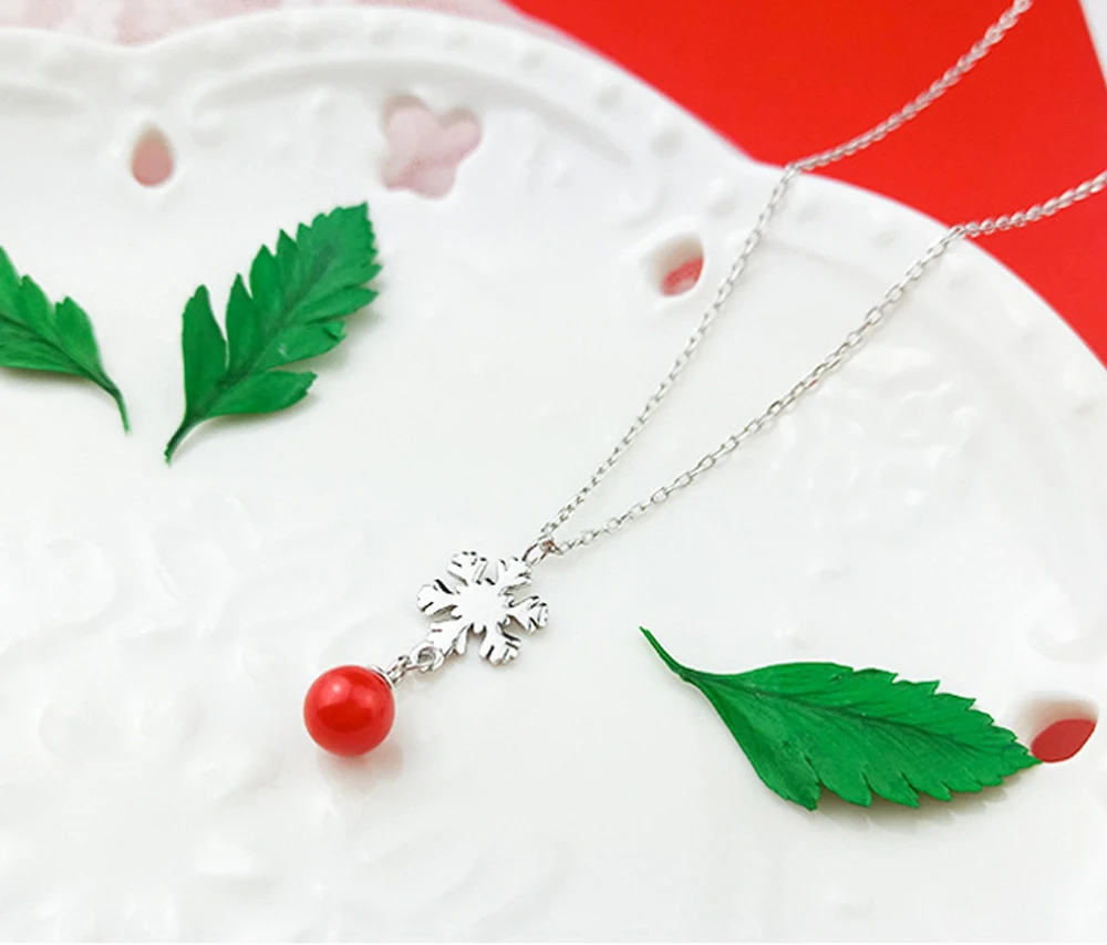 Женское модное ожерелье Снежинка с красным шариком из стерлингового серебра 925