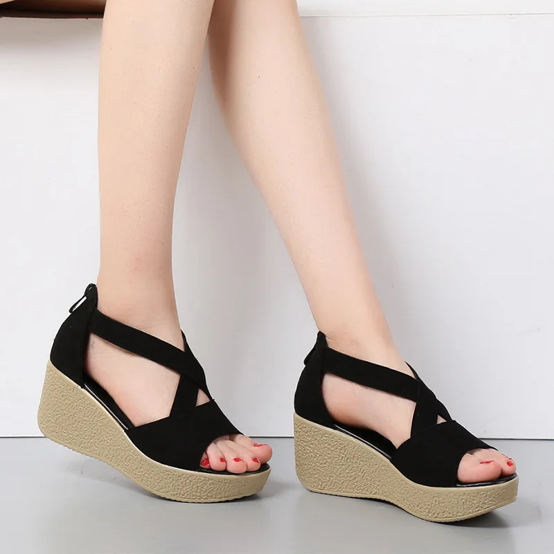 Сандалии женские с открытым носком босоножки на танкетке кожаная обувь лето 2018 |