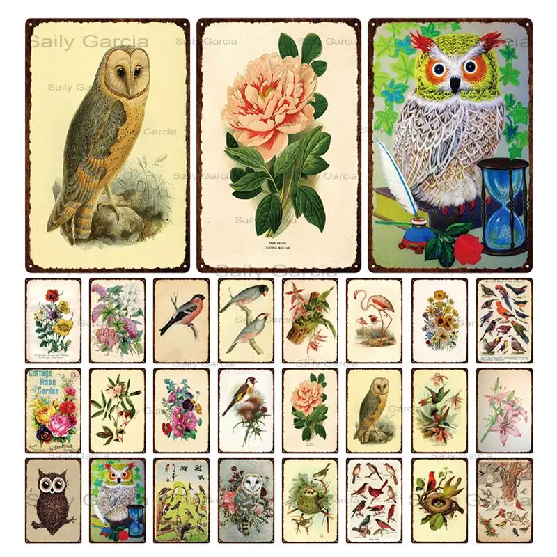 

Retro Style Flower Bird Owl Tin Sign Metal Plates Steak Cafe Restaurant Art Poster Decorative Sign Decor Wall Stickers