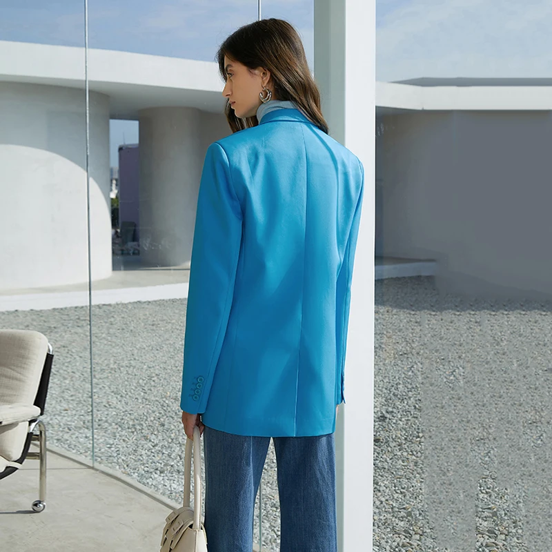 

[EAM] Women Temperament Pockets Blue Blazer New Notched Collar Long Sleeve Loose Fit Jacket Fashion Spring Autumn 2021 1DD4421