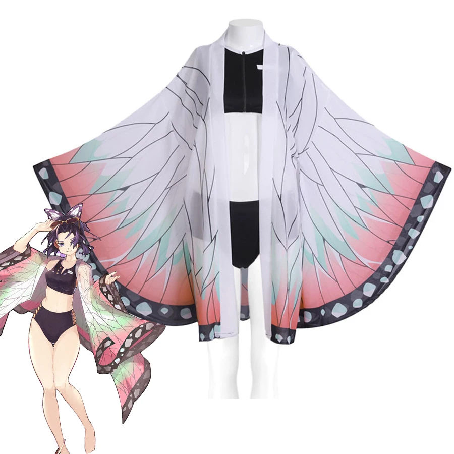 

Demon Slayer Cosoplay Swimsuit Anime Kimetsu no Yaiba Costumes Kimono Kochou Shinobu Bathing Suit Swimwear Beach Bikini Set