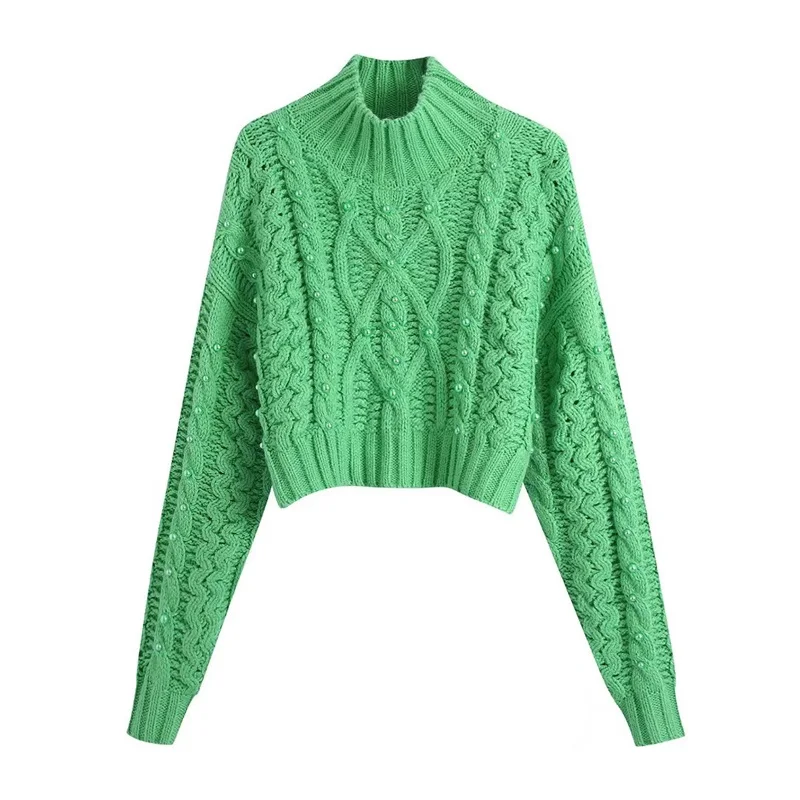 

TRAF Women 2021 Fashion With Faux Pearls Loose Crop Knit Sweater Vintage High Neck Long Sleeve Female Pullovers Streetwear