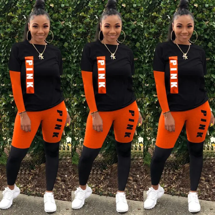

43M6339 Autumn Winter Women Casual Fashion Home Letter Patchwork Skinny Two Piece Set Top and Pants Tracksuit Sweatsuit Outfits