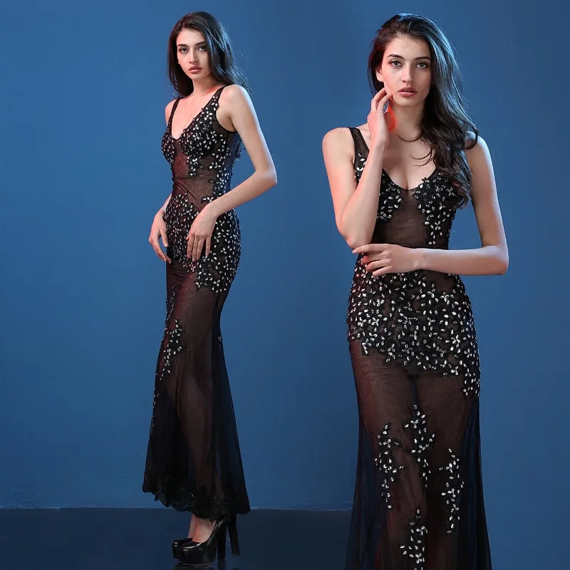 

Женское облегающее платье-Русалка, черное Клубное платье с v-образным вырезом, стразами и бретельками, 2019