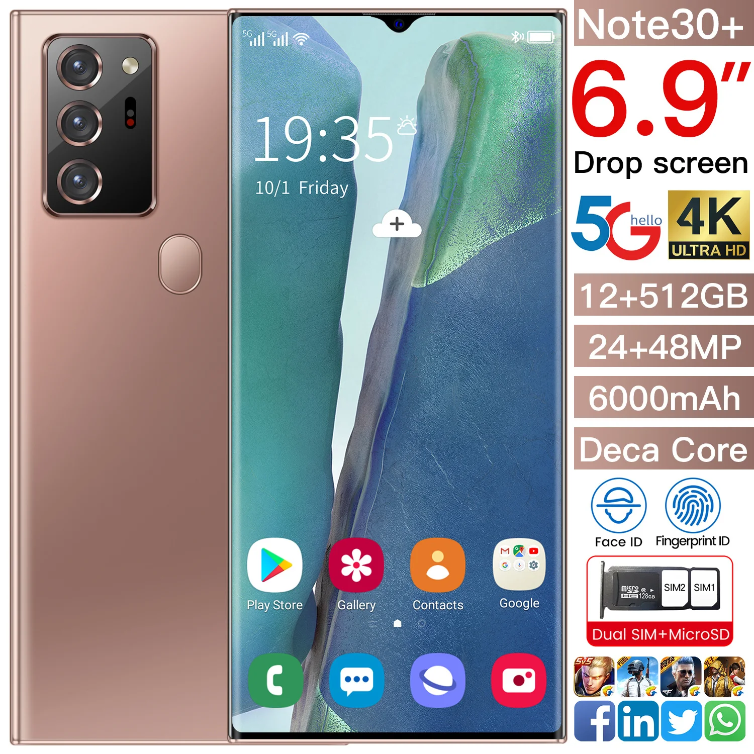 

Global Version Note30+ 6.9 inches Full Screen Face Recognition Fingerprint Unlock Android 10 HD Smart Camera Game Phone