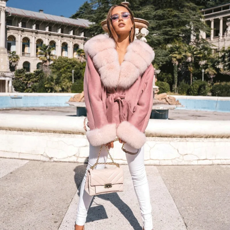 Enlarge FURSARCAR 2021 New Arrival Real Fox Fur Pink Coat Natural Fur Jacket Top Fashion Female Slim Thick Warm Winter Luxury Overcoat