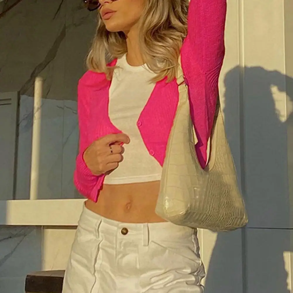 

Women's Long Sleeve Cardigan V-neck Crop T-shirt Sweater Top Cardigan Women's Soft Slim Knit Z5m7