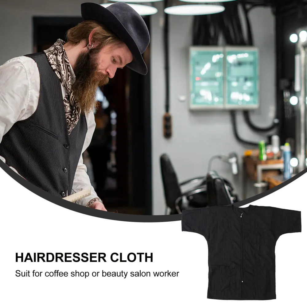 

1pc Short Sleeve Barbers Aprons Professional Zipper Salon Hair Stylist Apron with Pockets Waterproof Hairdresser Cape (Black)