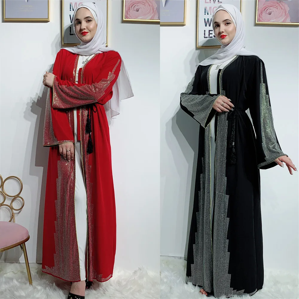 

Luxurious palace diamond beading muslim Robes syari Dubai Fashion female full length Abaya Muslim Dress Robes with belt Wq1954