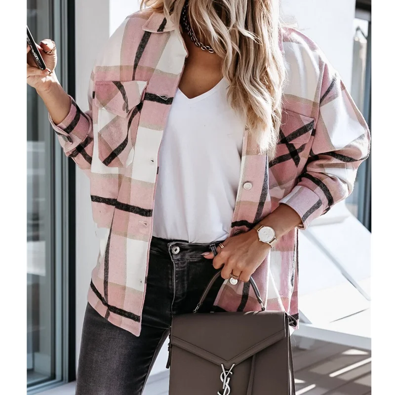 

Vintage English Style Plaid Print Women Shirt Jacket Long Sleeve Button Casual Autumn Spring Streetwear Girl Oversize Chic Coats