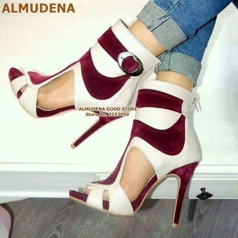ALMUDENA Wine Red Velvet High Heel Sandals White Burgundy Mixed Color Patchwork Dress Shoes Cut-out Caged Pumps Banquet Shoes