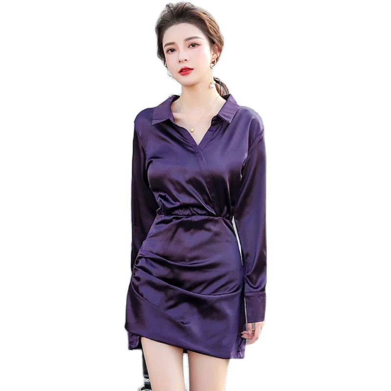 

JXMYY 2020 Fall New Products Fashion French Royal Sister Style Purple Temperament Slim Fit Waist Bag Hip Shirt Skirt Shirt Dress