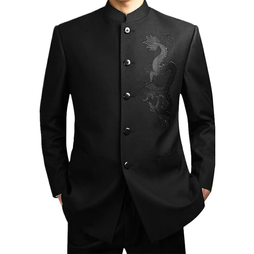 2022 Black Chinese Robe Suit Mens Traditional Stand Collar Suit Apec Leader Clothing Male Embroidery Dragon Totem Suit Tang Suit