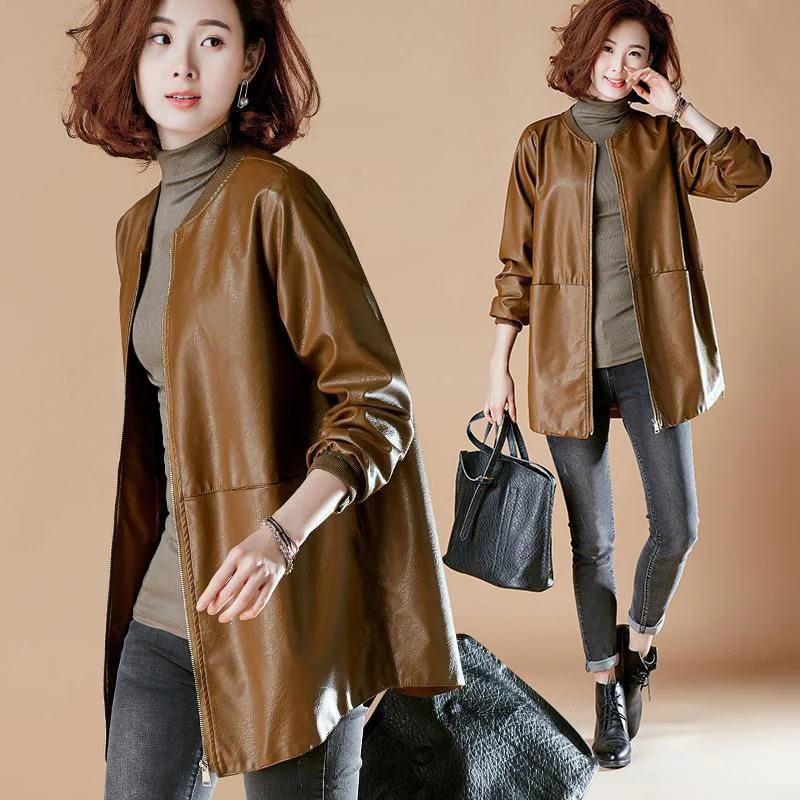 Non leather middle and long leather jacket women's 2021 spring and Autumn New Korean loose Baseball Jacket PU leather enlarge