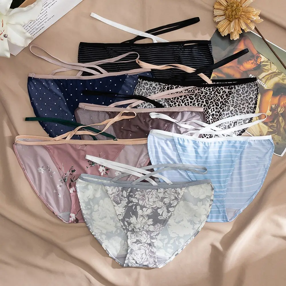 

Cross Belt Flower Panties For Women Sexy Stripe Leopard Mid Waist Briefs Cotton Crotch Dots Underwear Breathable Girl Underpants