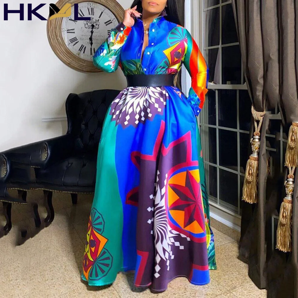 

Vintage Dresses for Women With Sleeves Printed Single Breasted High Waisted Floor Length Elegant Evening Night Party Vestidos