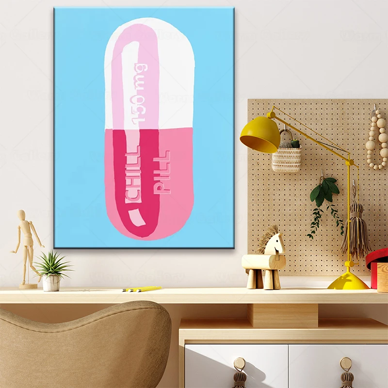 Prints Painting Wall Artwork Pill Pink White Cartoon Modular Canvas Blue Posters Picture Modern Home Decor Bedside Background | Дом и сад