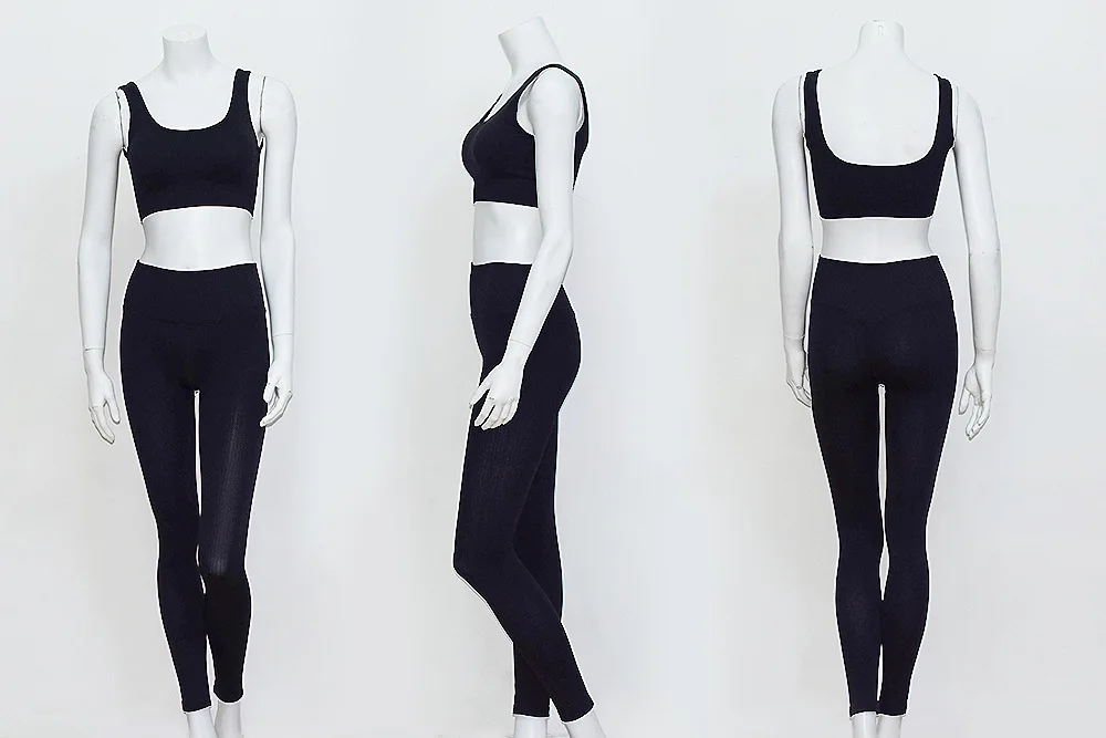 Black Candy Color Ribbed Tracksuit Women Seamless Knitted Two Pieces Set Backless Crop Top and Pants Matching Set Fitness Outfits - Цвет: Black