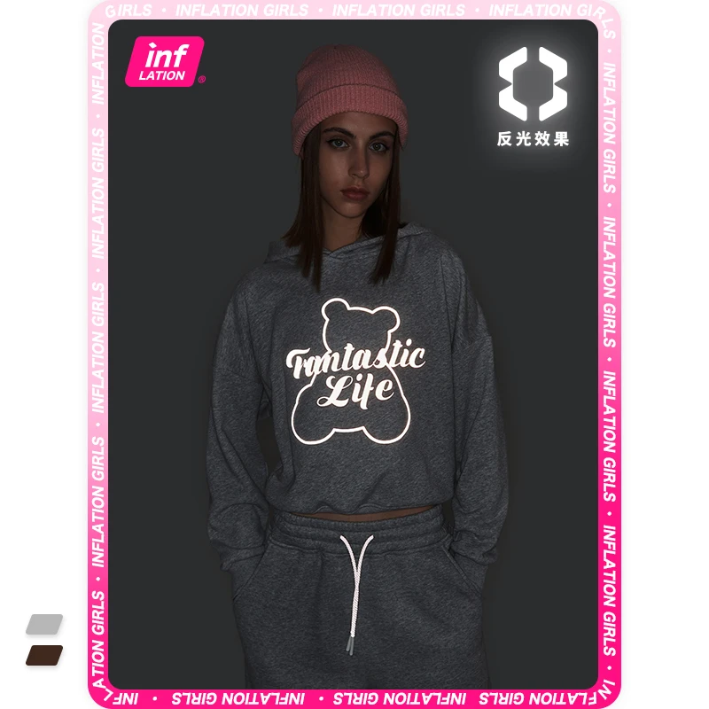 

INFLATION Women's Crop Hoodies 2021 Trendy Reflective Y2K Cropped Hoodies Women's Long Sleeve Pullovers Streetwear